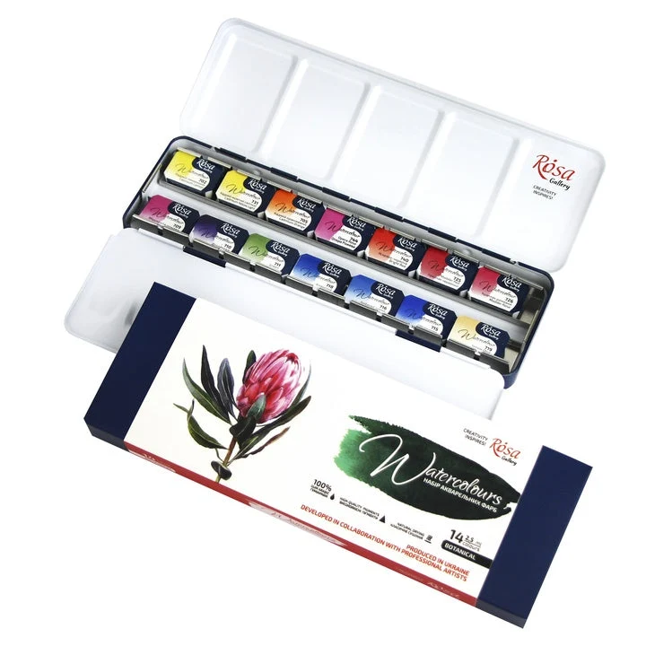 ROSA Gallery “Botanycal” Watercolor Set, Metal Case, 14 Colors, Full Pans