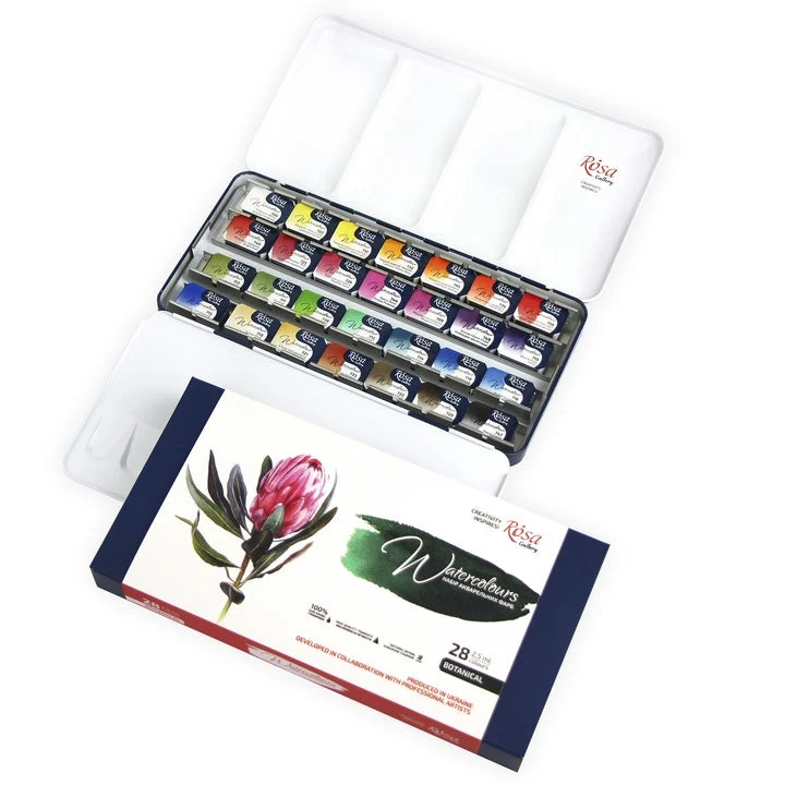 ROSA GALLERY Botanycal Watercolor Set, Metal Case, 28 Colors, Full Pans