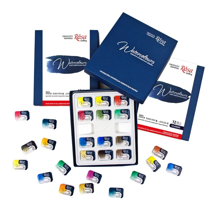 ROSA GALLERY Watercolor Set “Classic”, 12 Colors, Full Pans, Cardboard