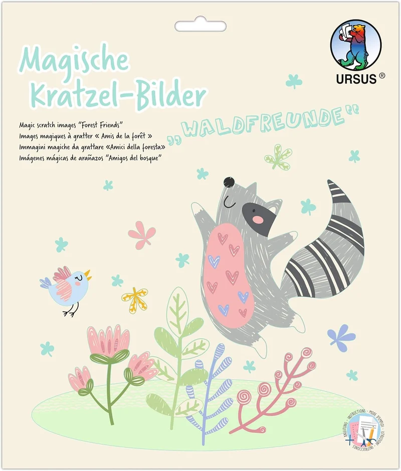 URSUS Magische Kratzel-Bilder Waldfreunde - 4 Kratzbilder mit Bambus-Stift