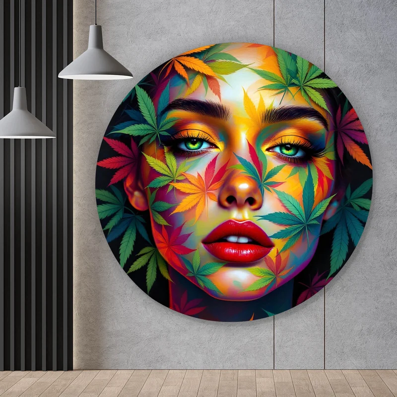 Aluminiumbild Abstraktes Gesicht mit Blättermotiven Kreis