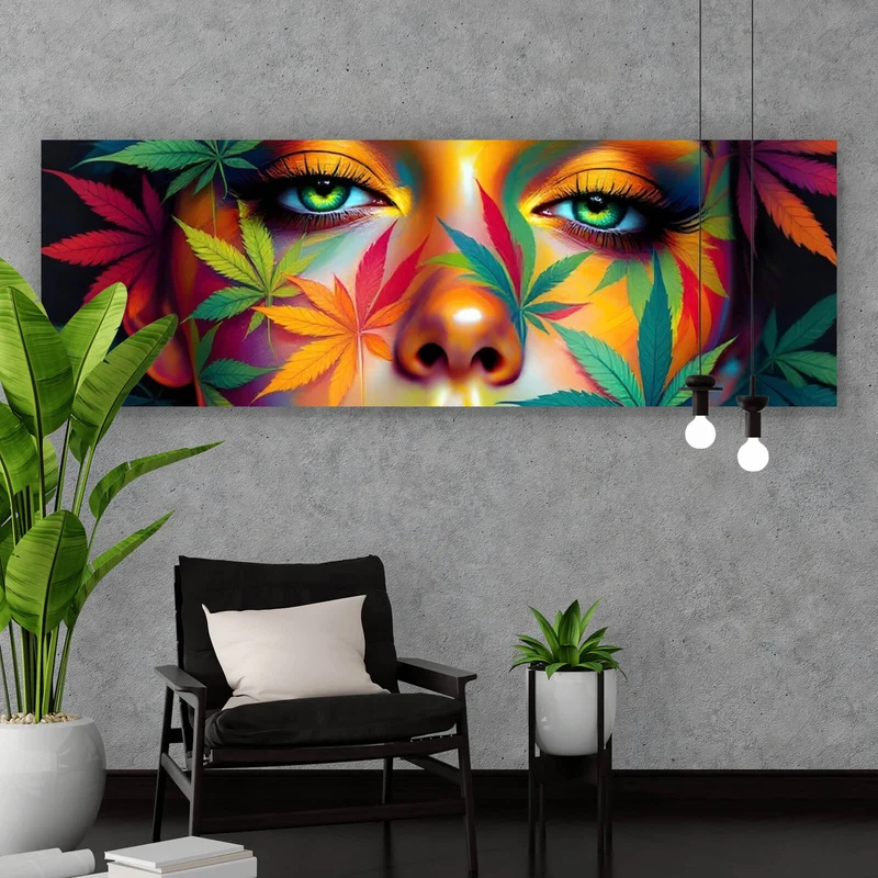 Spannrahmenbild Abstraktes Gesicht mit Blättermotiven Panorama