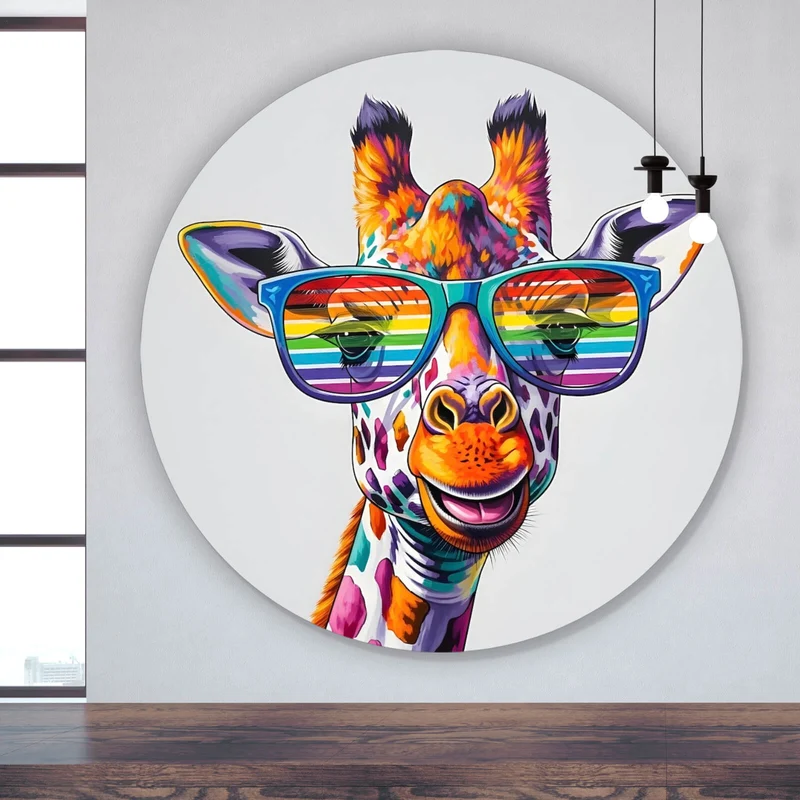 Aluminiumbild gebürstet Stylische Giraffe mit moderner Sonnenbrille Kreis