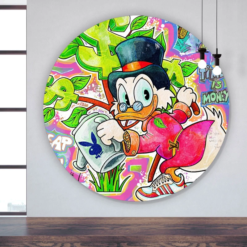 Aluminiumbild gebürstet Cartoon Entenmotiv mit Dollarzeichen Kreis