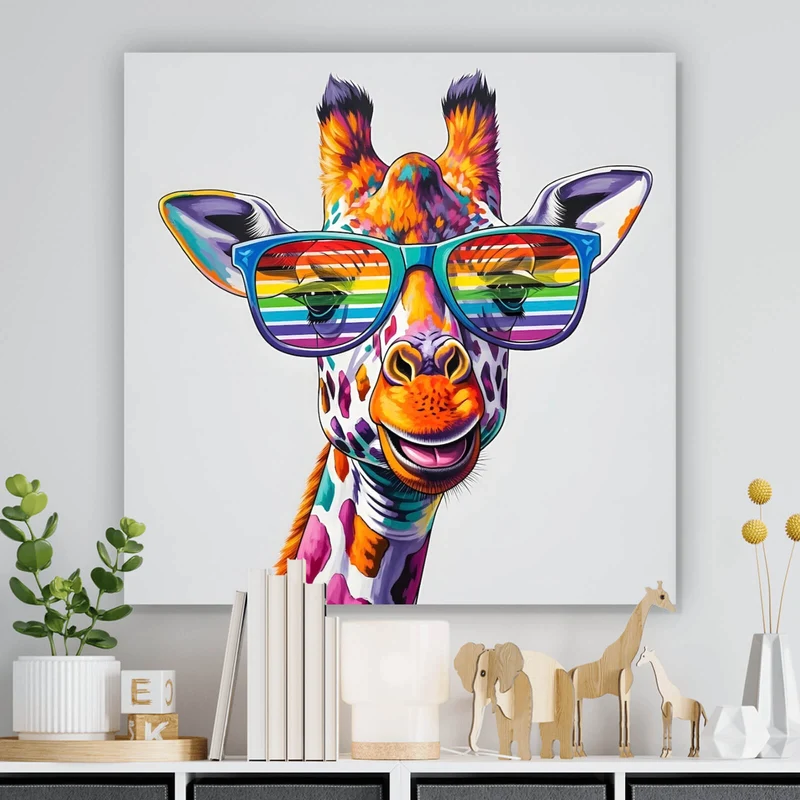 Spannrahmenbild Stylische Giraffe mit moderner Sonnenbrille Quadrat