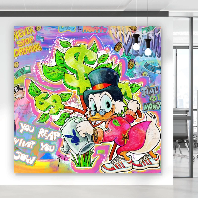 Aluminiumbild Cartoon Entenmotiv mit Dollarzeichen Quadrat