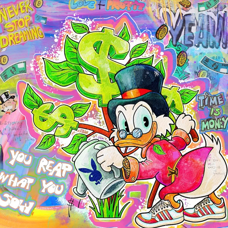 Leinwandbild Cartoon Entenmotiv mit Dollarzeichen Quadrat