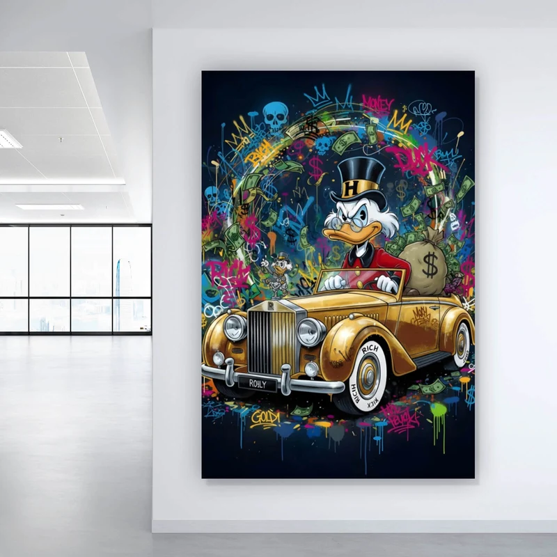 Acrylglasbild Eindrucksvolle Ente in einem Luxusauto Hochformat