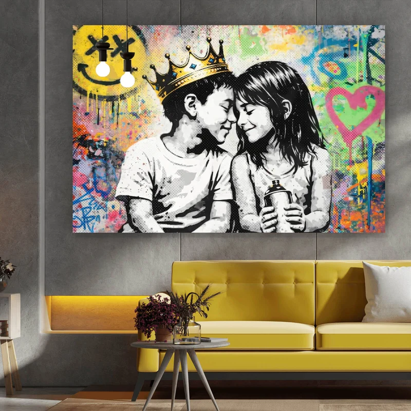 Spannrahmenbild Graffiti Liebe zweier Kinder Querformat