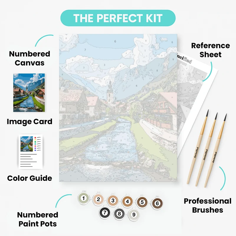 Swiss Alpine Village with River - Paint by Numbers Kit