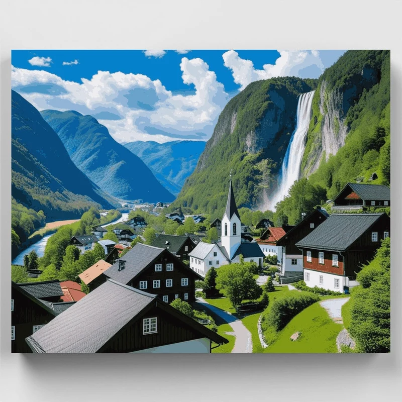 Picturesque Swiss Mountain Village with Dramatic Waterfall - Paint by Numbers Kit