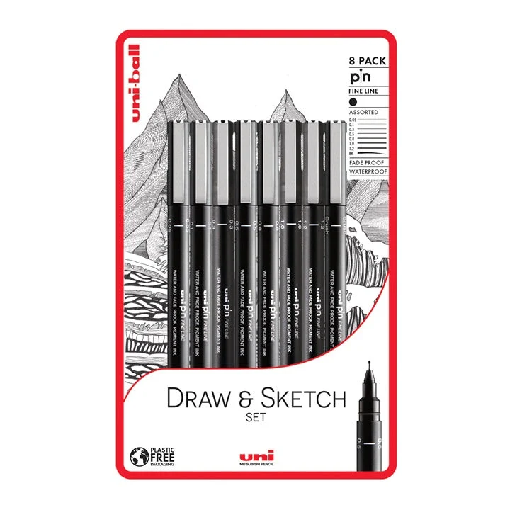 UNI PIN Draw and Sketch Fineliner Marker Set, Set of 8