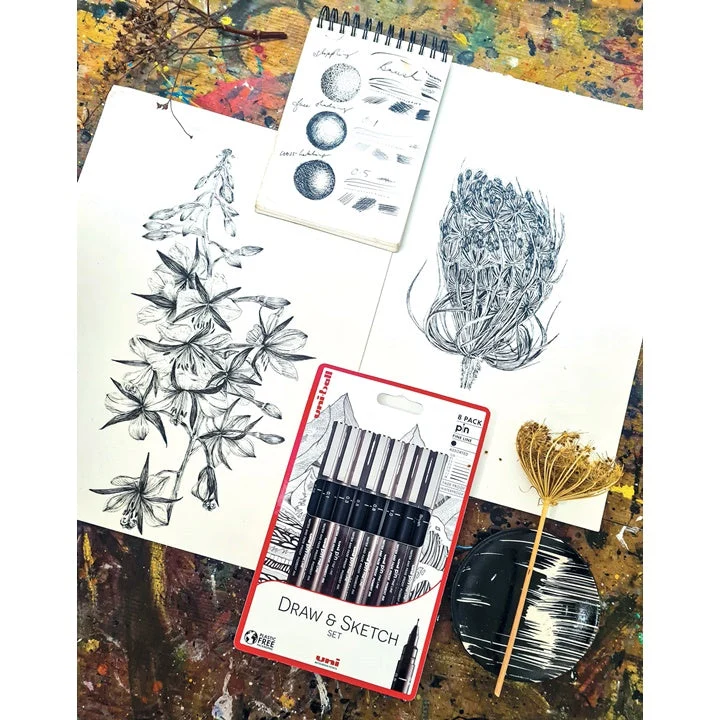 UNI PIN Draw and Sketch Fineliner Marker Set, Set of 8