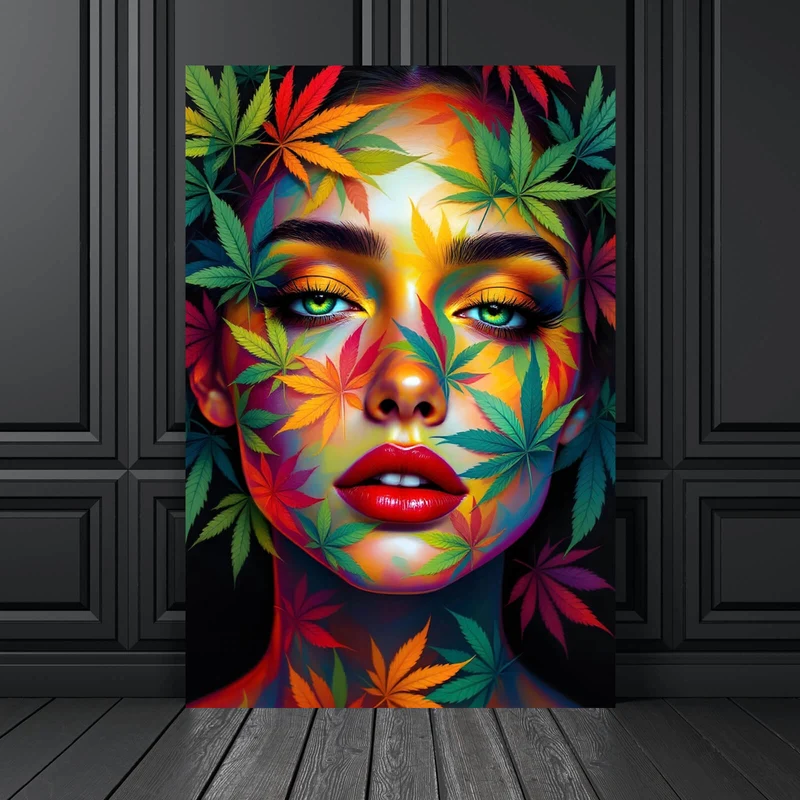 Leinwandbild Abstraktes Gesicht mit Blättermotiven Hochformat