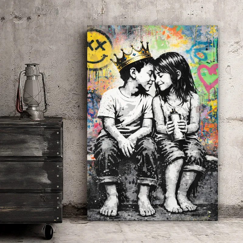 Spannrahmenbild Graffiti Liebe zweier Kinder Hochformat