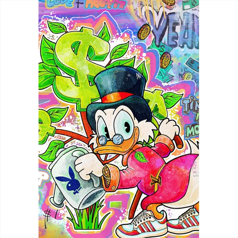 Acrylglasbild Cartoon Entenmotiv mit Dollarzeichen Hochformat