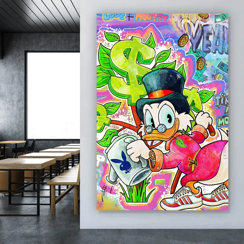 Leinwandbild Cartoon Entenmotiv mit Dollarzeichen Hochformat