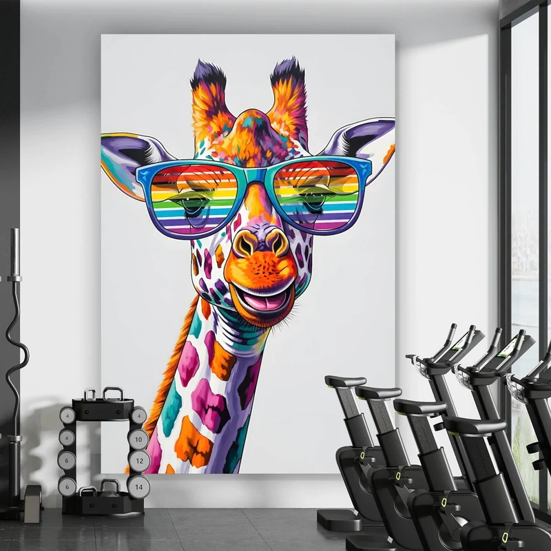 Acrylglasbild Stylische Giraffe mit moderner Sonnenbrille Hochformat
