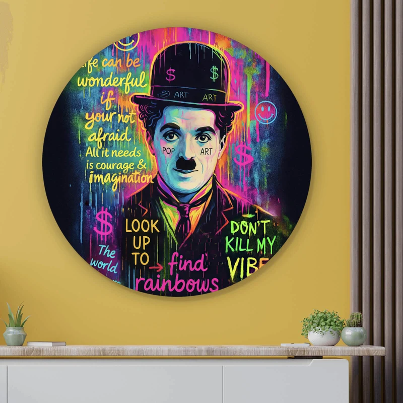 Aluminiumbild Charlie Chaplin Neon Pop Art Kreis