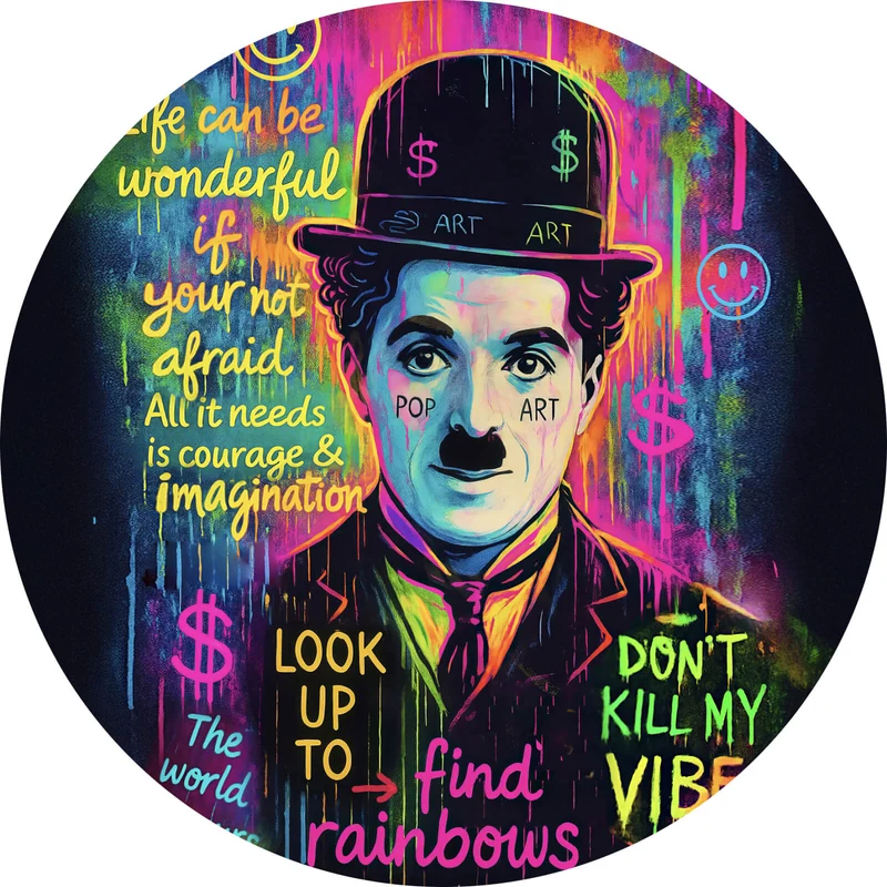 Aluminiumbild Charlie Chaplin Neon Pop Art Kreis