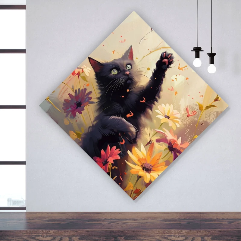 Aluminiumbild Verspielte Katze zwischen Blumen Raute