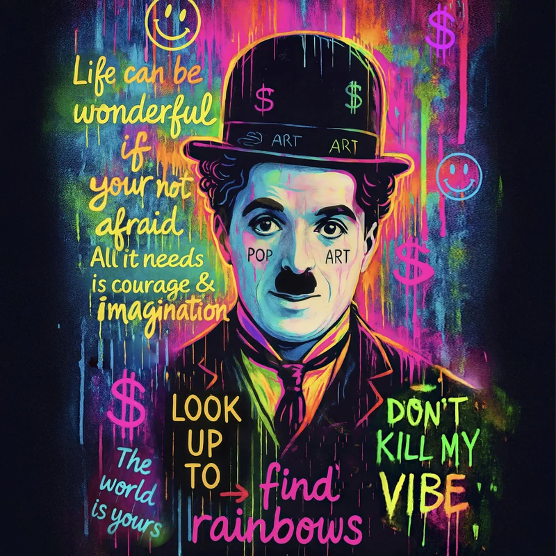 Spannrahmenbild Charlie Chaplin Neon Pop Art Quadrat