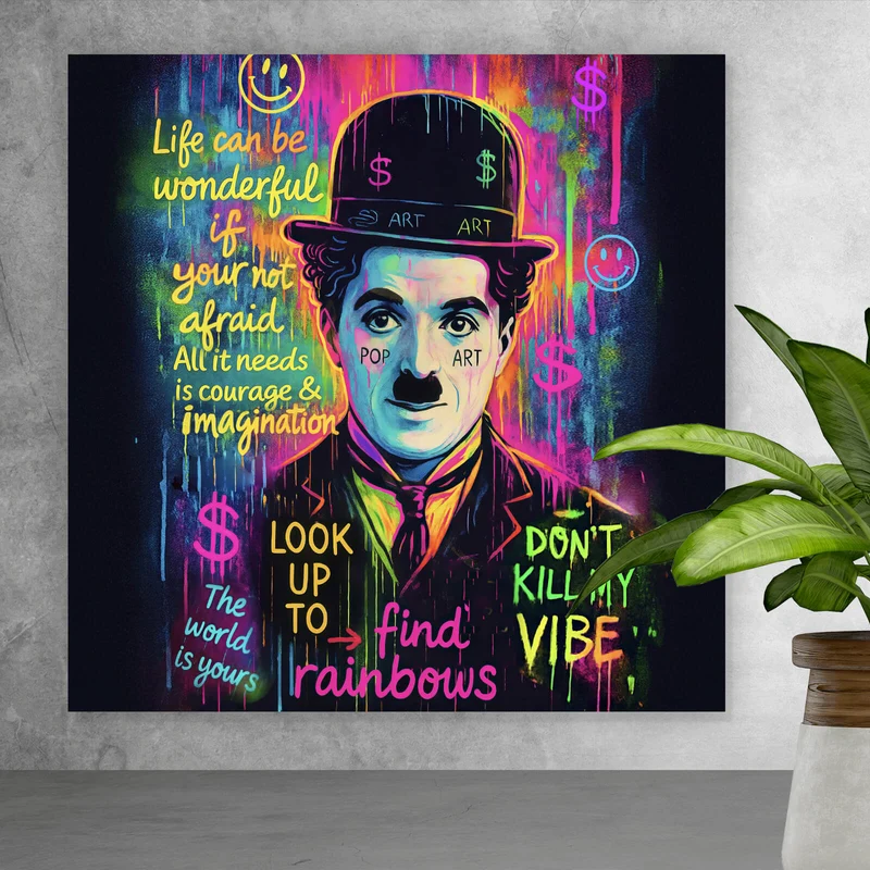 Leinwandbild Charlie Chaplin Neon Pop Art Quadrat