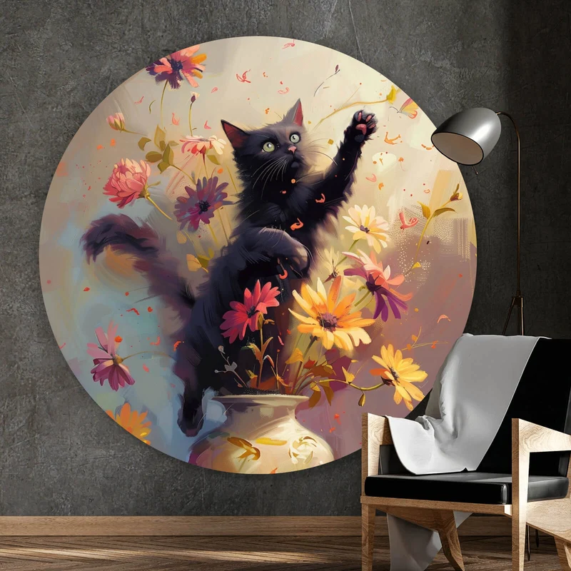 Aluminiumbild Verspielte Katze zwischen Blumen Kreis