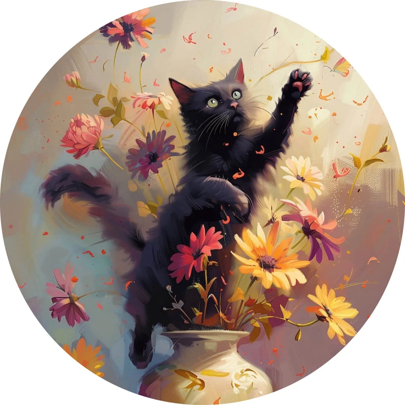 Aluminiumbild Verspielte Katze zwischen Blumen Kreis