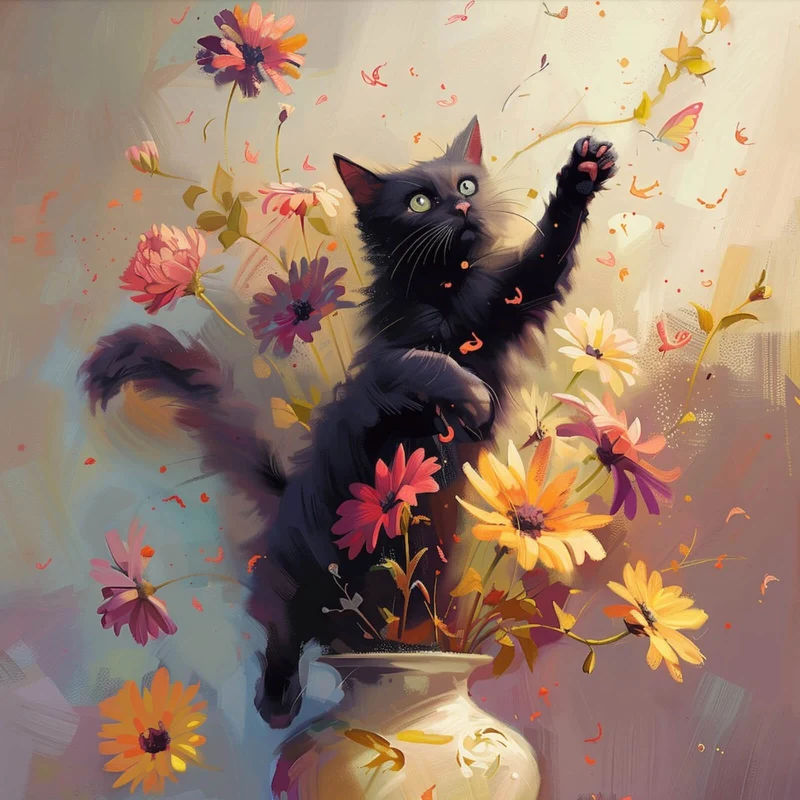 Aluminiumbild gebürstet Verspielte Katze zwischen Blumen Quadrat