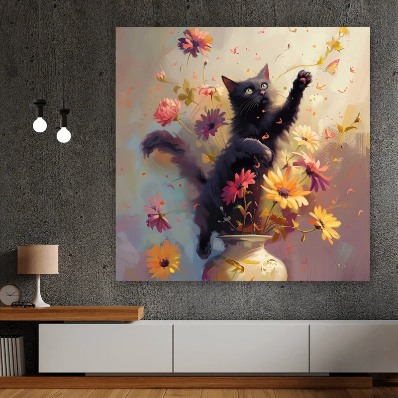 Leinwandbild Verspielte Katze zwischen Blumen Quadrat