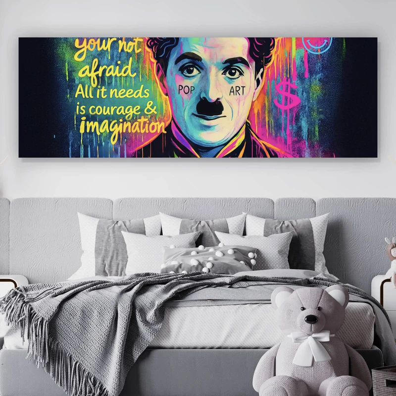 Spannrahmenbild Charlie Chaplin Neon Pop Art Panorama
