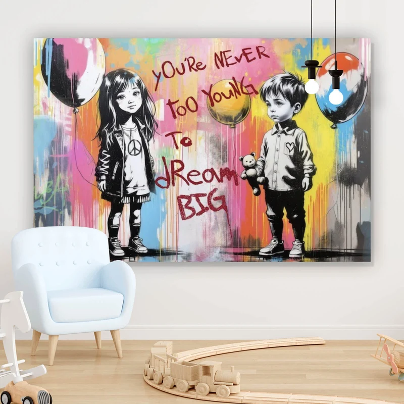 Aluminiumbild gebürstet Pop Art Kinder mit Ballons you are never too young Querformat