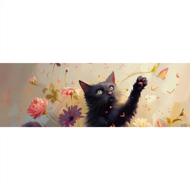 Aluminiumbild Verspielte Katze zwischen Blumen Panorama