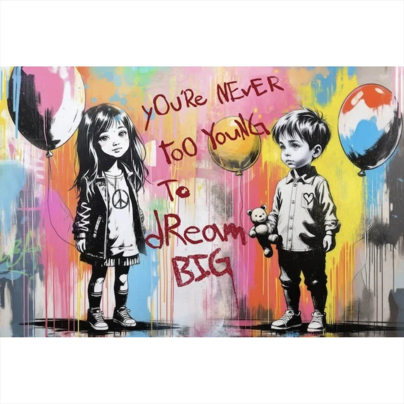 Poster Pop Art Kinder mit Ballons you are never too young Querformat
