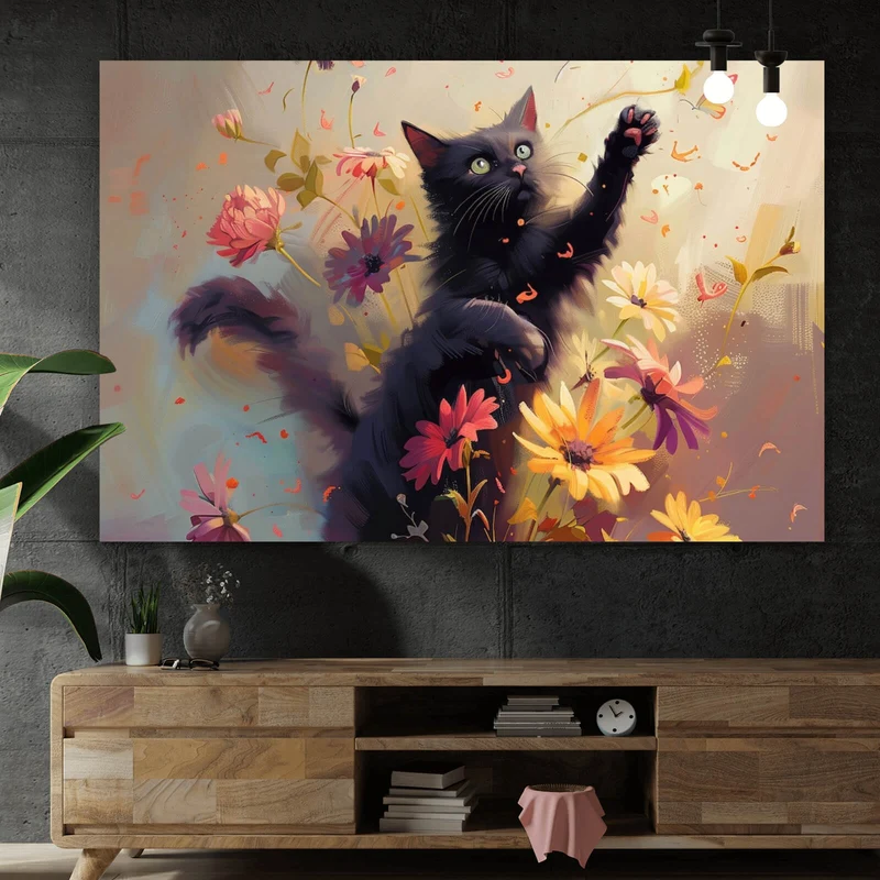 Leinwandbild Verspielte Katze zwischen Blumen Querformat