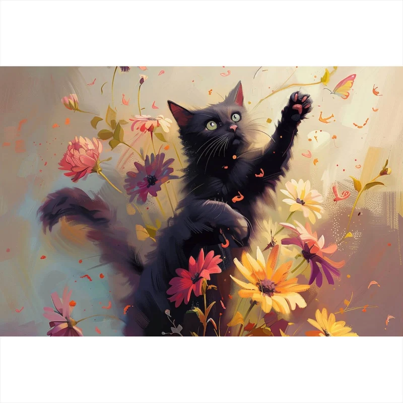 Poster Verspielte Katze zwischen Blumen Querformat