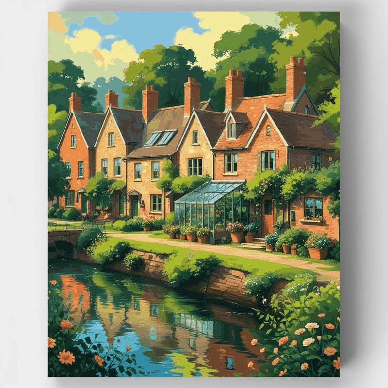 English Countryside Cottages by the Stream - Paint by Numbers Kit