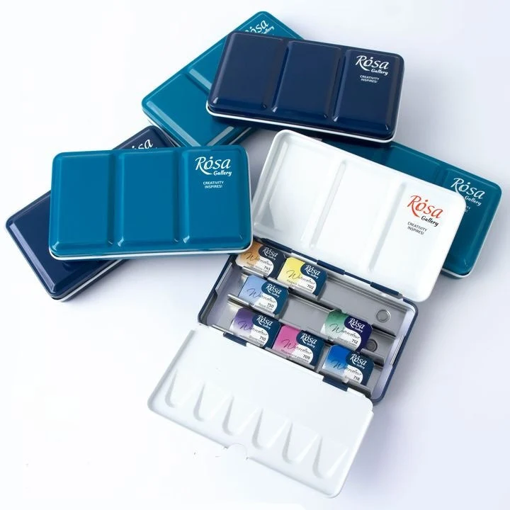 ROSA GALLERY Watercolor Paint Case, Metallic, Indigo, 12 Pans