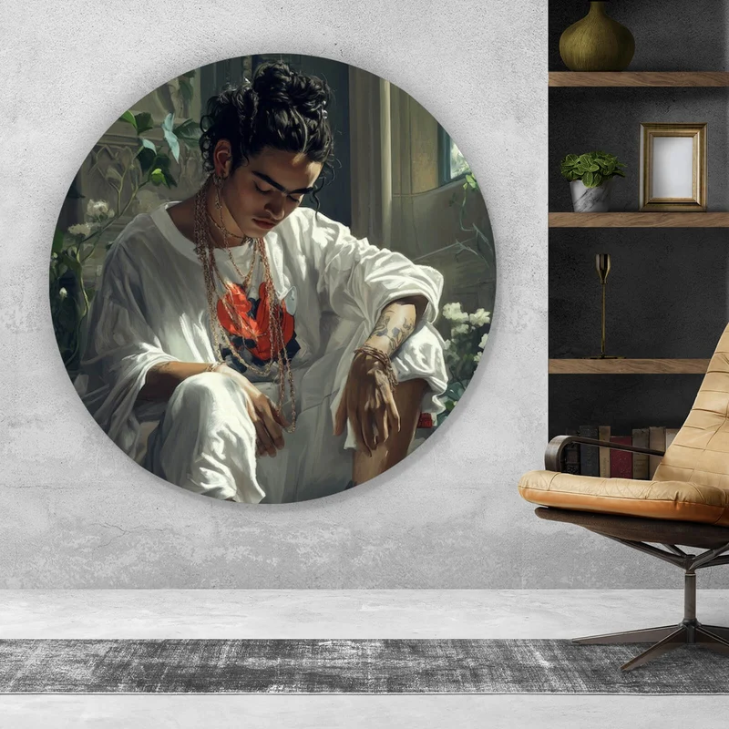 Aluminiumbild Nachdenkliche Frida umgeben von Blüten und Blumen Kreis