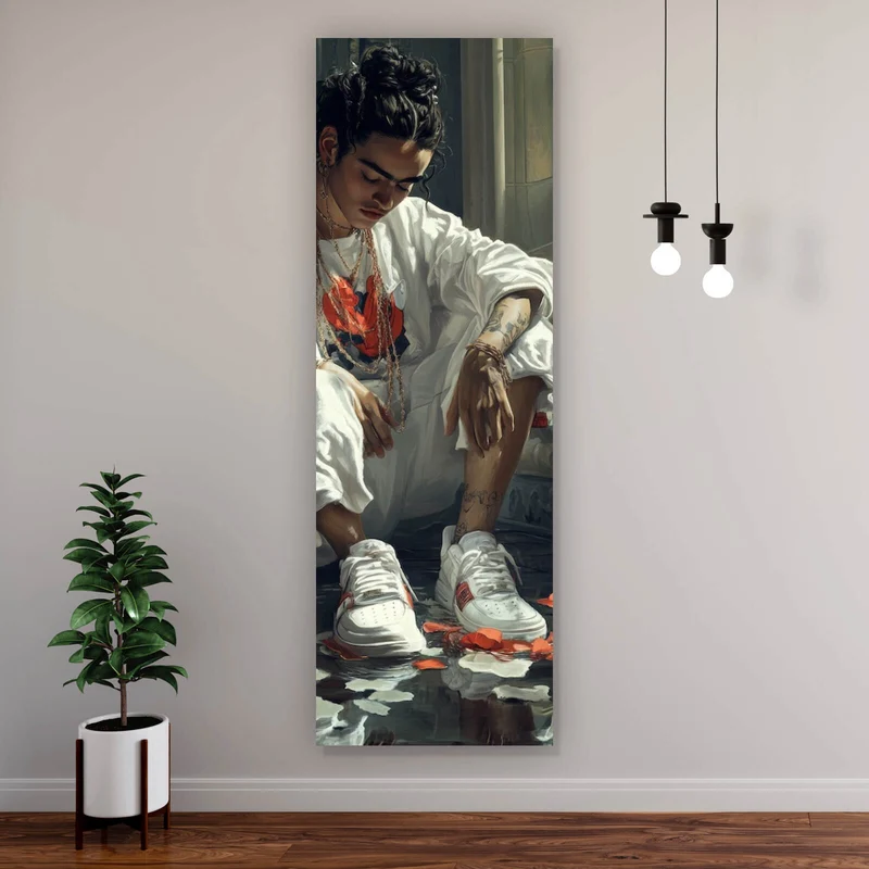 Aluminiumbild Nachdenkliche Frida umgeben von Blüten und Blumen Panorama Hoch