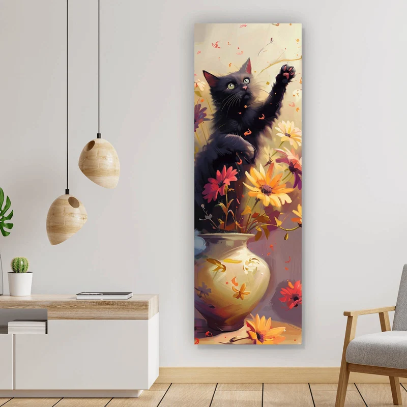 Leinwandbild Verspielte Katze zwischen Blumen Panorama Hoch