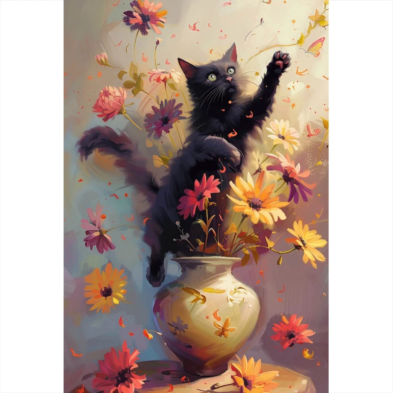 Aluminiumbild gebürstet Verspielte Katze zwischen Blumen Hochformat