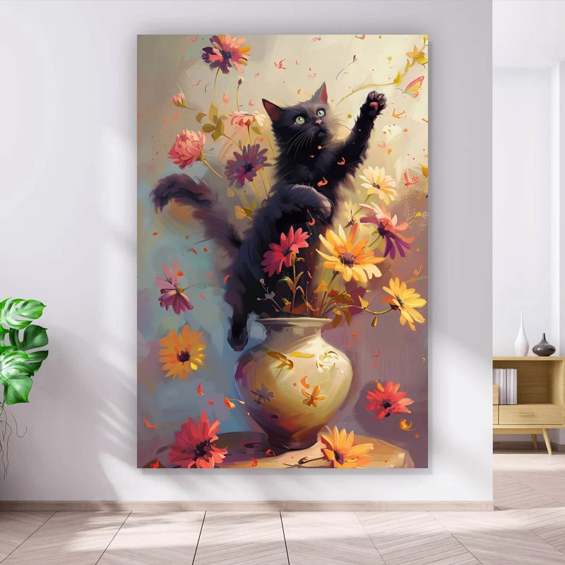 Aluminiumbild Verspielte Katze zwischen Blumen Hochformat