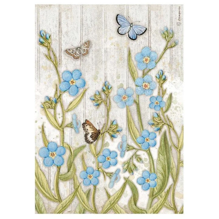 Rice Paper A4 Blue, Blue Flowers and Butterflies