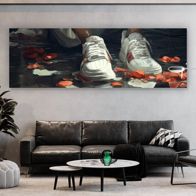 Leinwandbild Nachdenkliche Frida umgeben von Blüten und Blumen Panorama