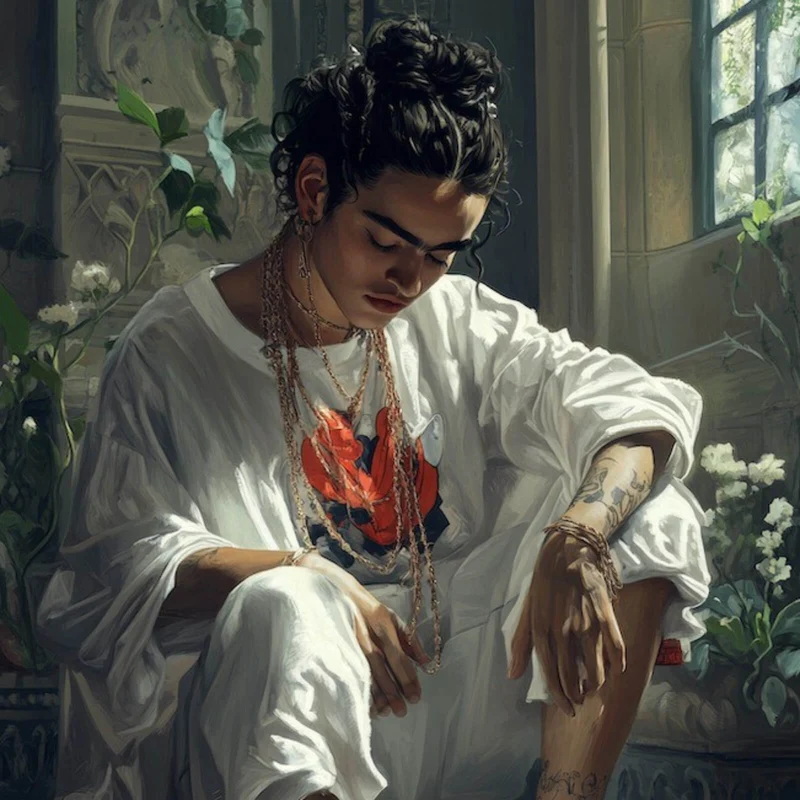 Spannrahmenbild Nachdenkliche Frida umgeben von Blüten und Blumen Quadrat