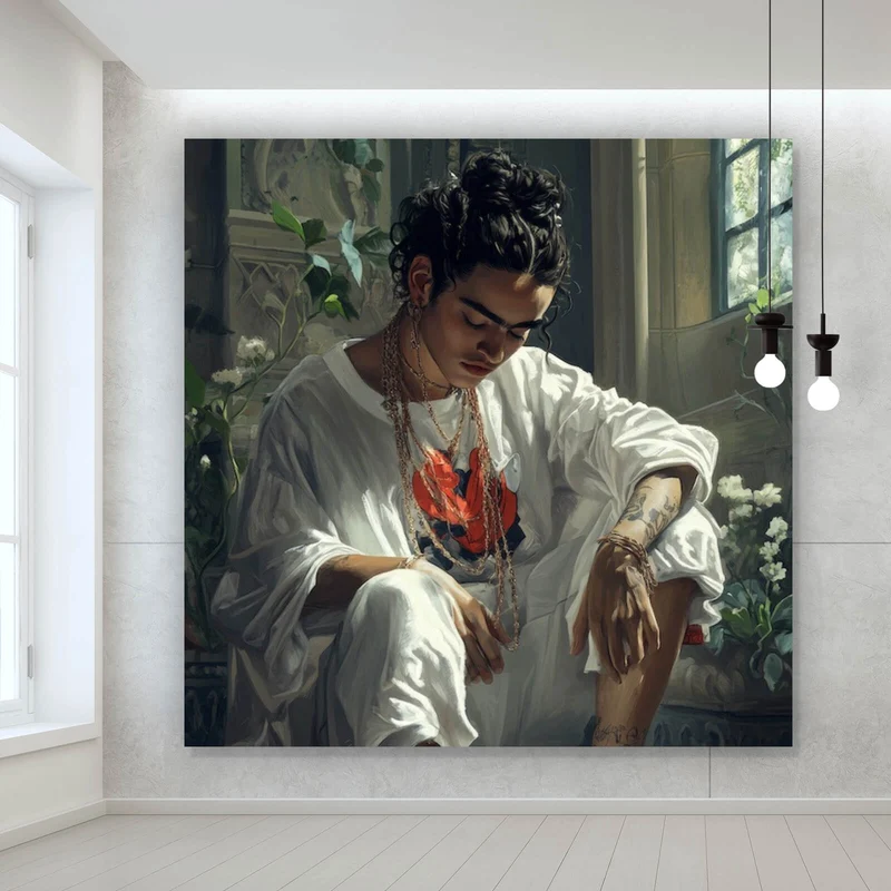 Aluminiumbild Nachdenkliche Frida umgeben von Blüten und Blumen Quadrat