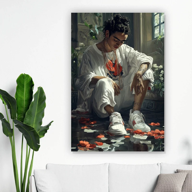 Acrylglasbild Nachdenkliche Frida umgeben von Blüten und Blumen Hochformat