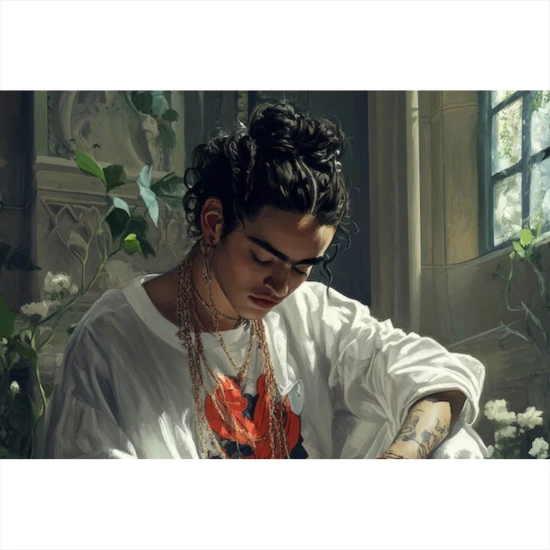 Spannrahmenbild Nachdenkliche Frida umgeben von Blüten und Blumen Querformat